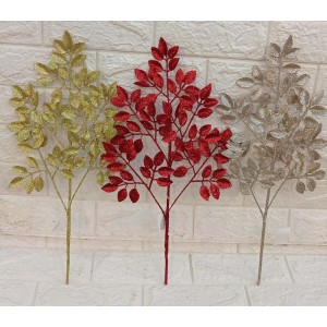 FL HASTE BN193 DE FOLHAS C/GLITER VERMELHO/PRATA/DOURADO A48CM